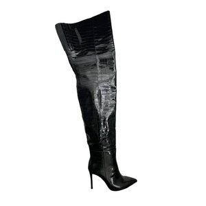 Jeffrey Campbell Black Over the Knee Thigh High Boots Croc Embossed